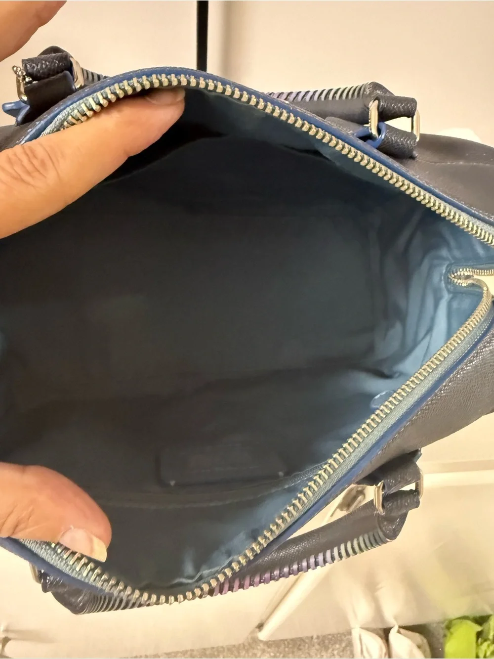 Coach Navy Pebbled Leather Satchel with whipstitch Top Handles!